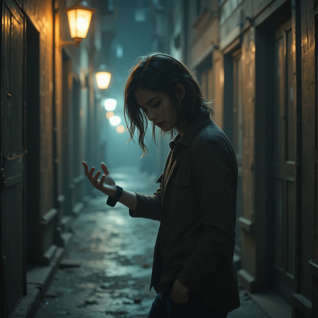Wistful figure reaching into an empty dimly lit alley