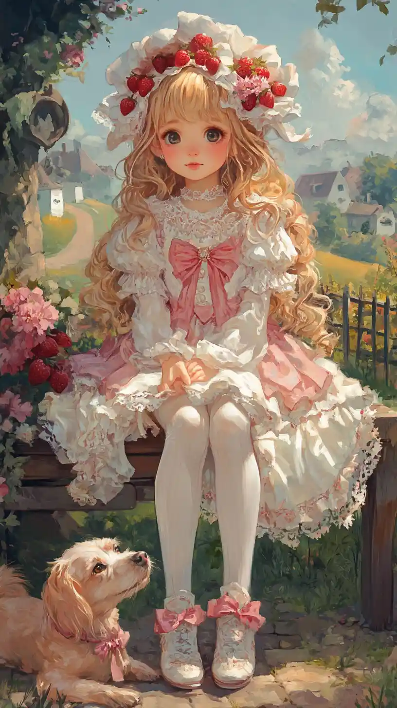 童話草地上與狗坐在長椅上的可愛女孩