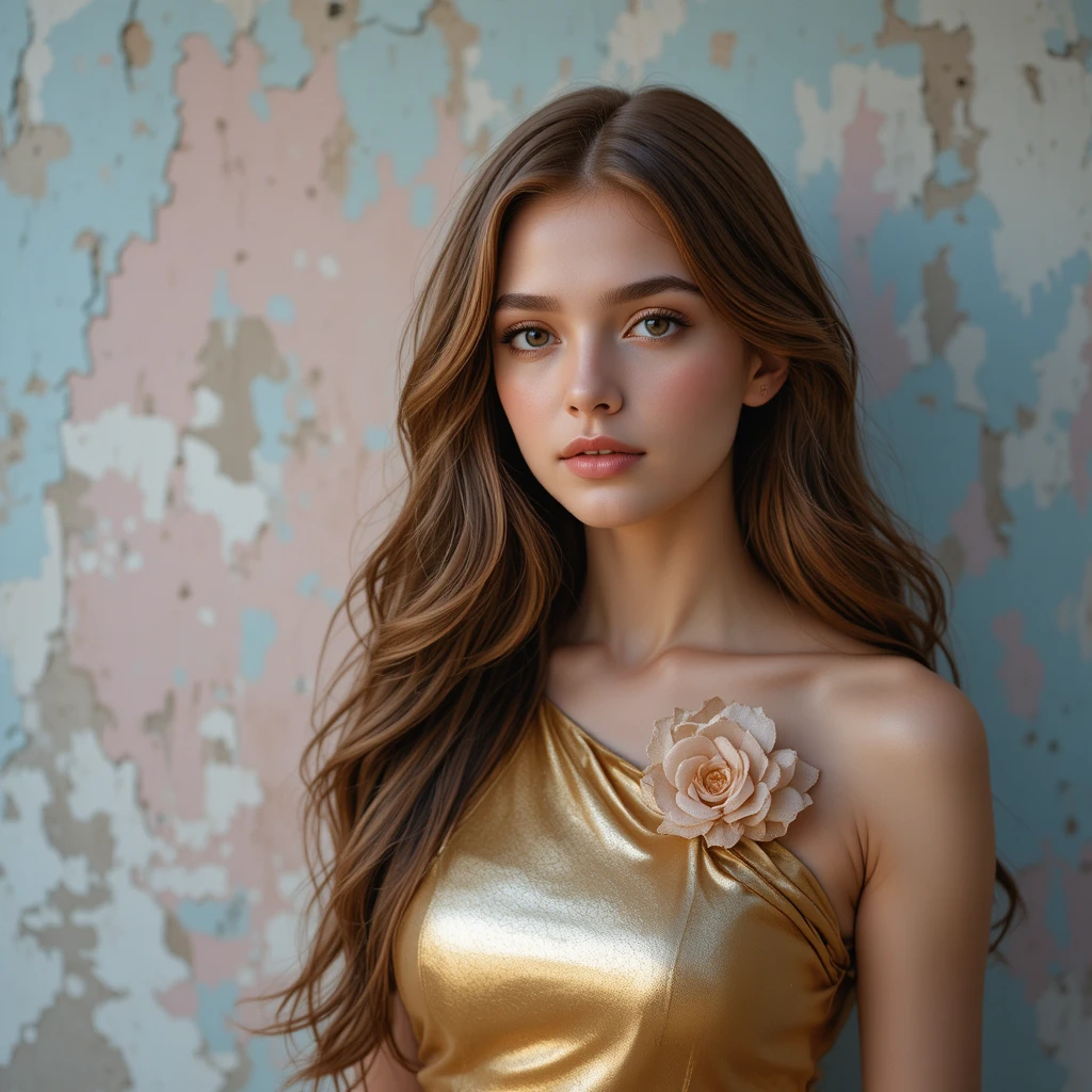 Young woman in gold dress against pastel textured wall