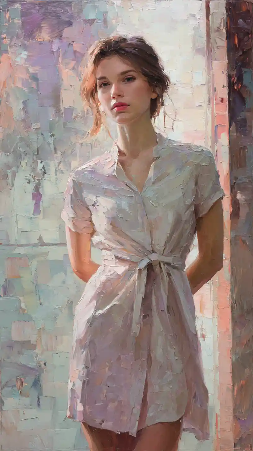 Young woman in pastel dress contemporary oil portrait