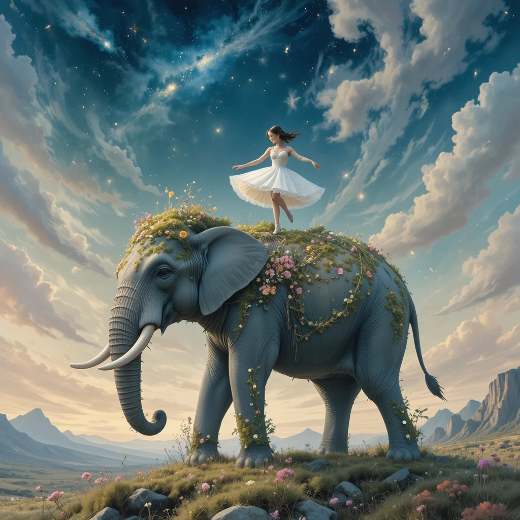 Bailarina em pirueta sobre um elefante gigante no céu em tons pastéis