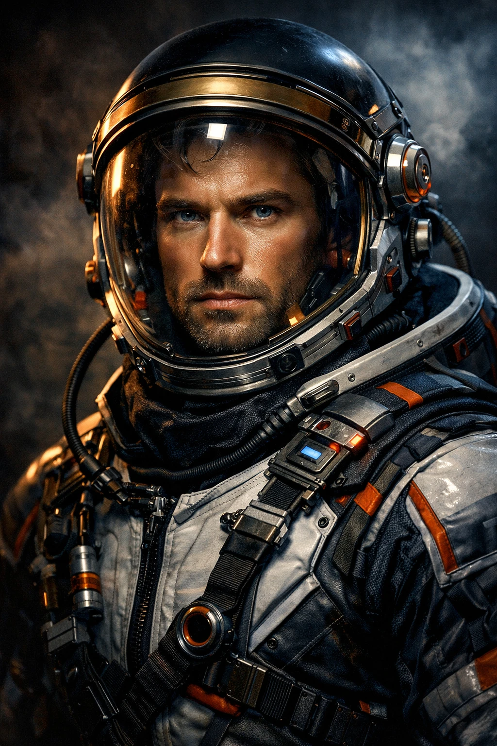 Moody portrait of an astronaut in a sleek modern suit