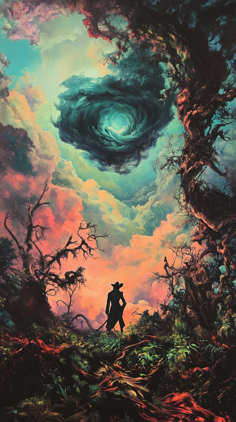 在旋轉夢幻天空下微笑的超現實強盜