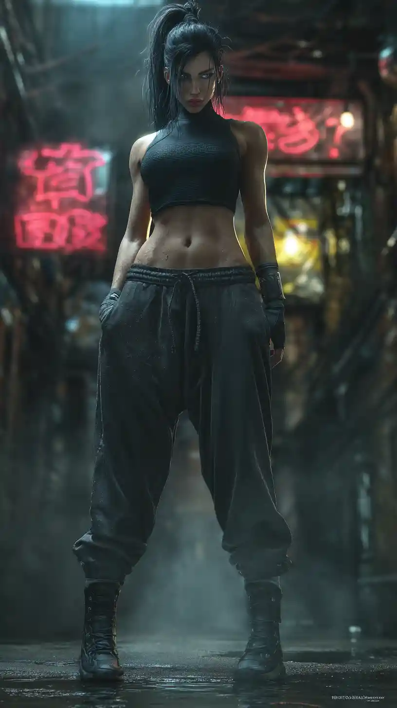 Goth woman athlete in rainy neon lit city alley