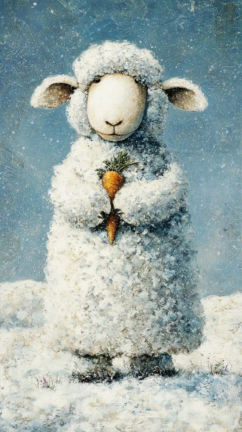 Whimsical anthropomorphic sheep snowman in snowy winter scene