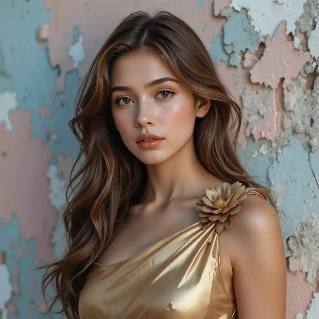 Joven mujer con vestido dorado frente a pared texturizada en tonos pastel