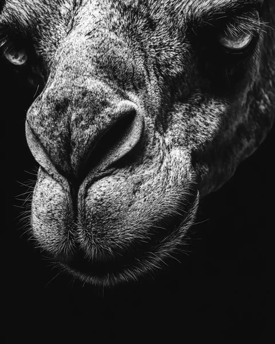 Terrifying camel close up in gritty black and white contrast