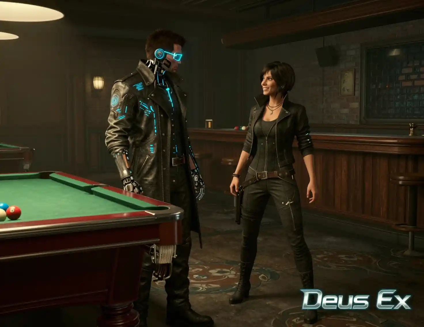 Cyberpunk woman and augmented detective in neon pool bar