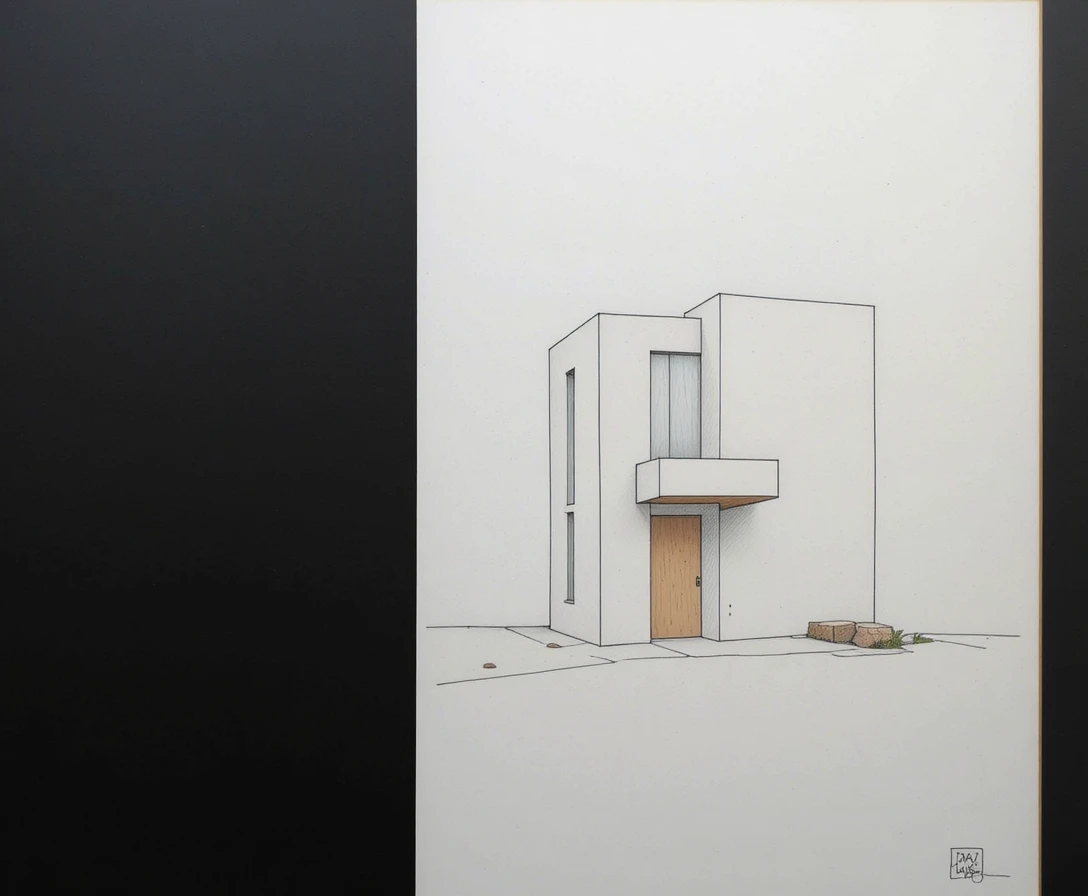Dessin architectural minimaliste avec un seul bâtiment stylisé