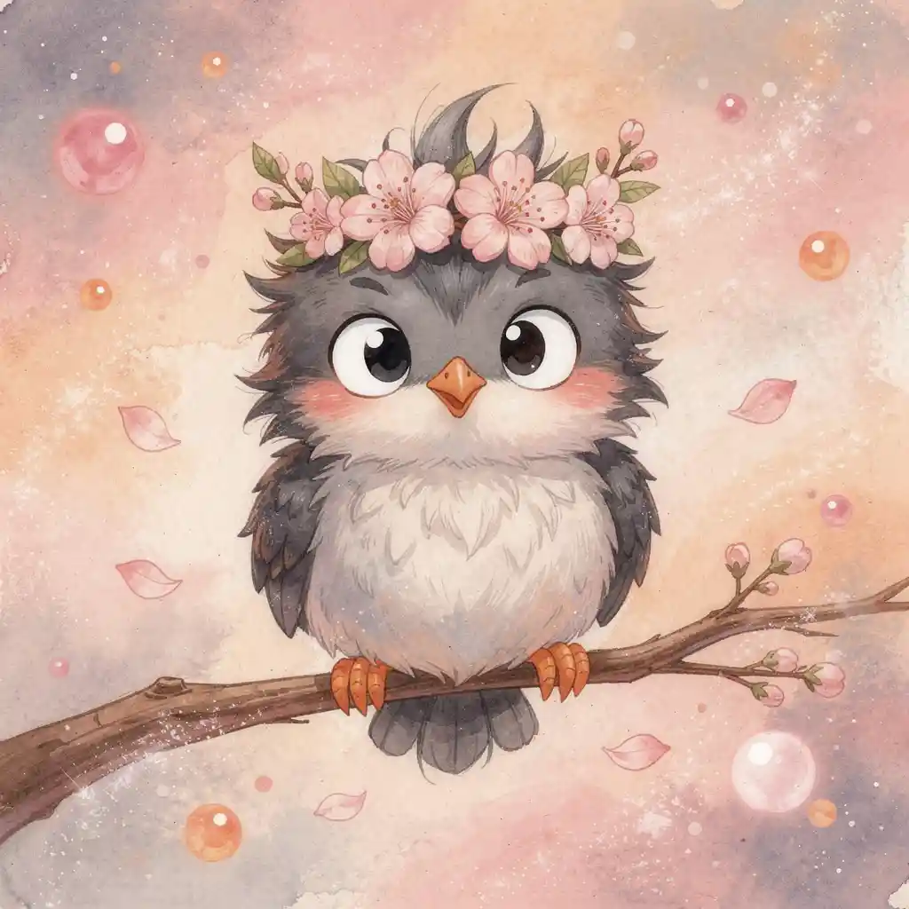 Passarinho fofo em aquarela com coroa de flores de cerejeira