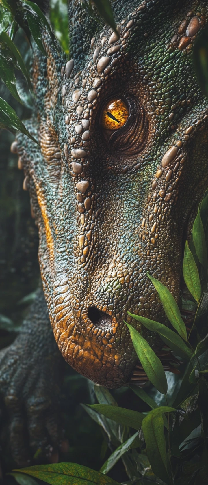 Close up dinosaur heads layered in prehistoric forest foliage