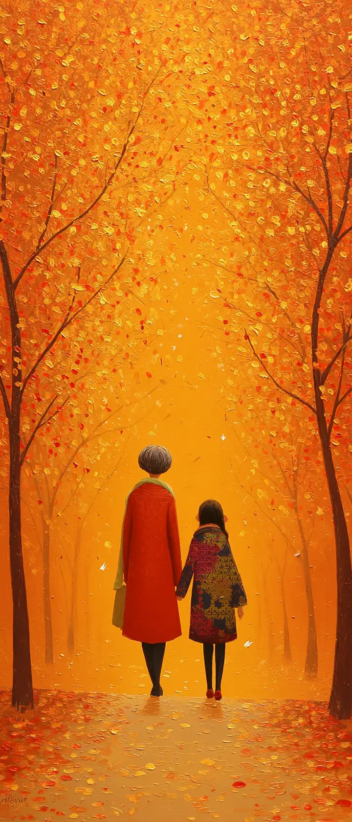 Mother and daughter walking together on an autumn forest path