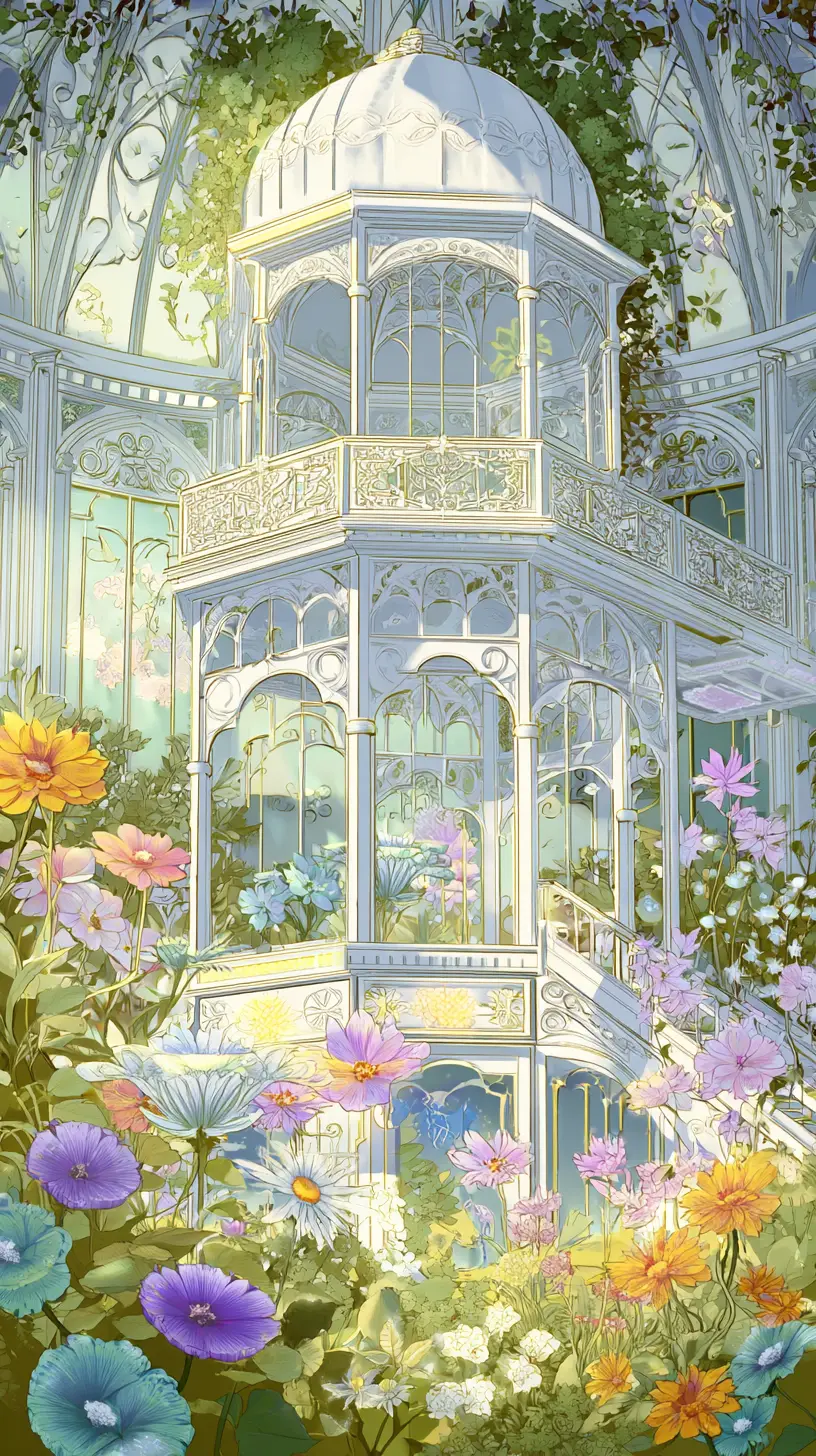 Glowing fantasy plants inside an ornate white greenhouse
