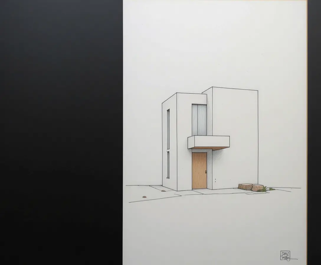Minimalist architectural drawing with a single stylized building
