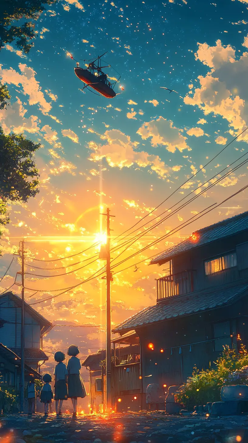 Anime family standing together under a bright blue sky