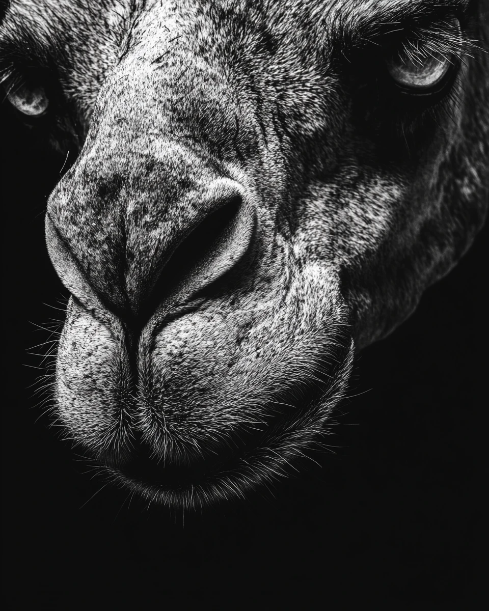 Terrifying camel close up in gritty black and white contrast