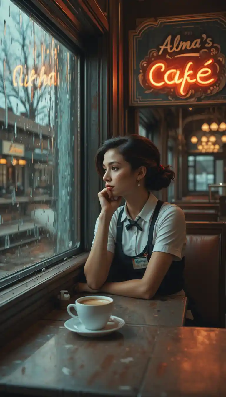 Bored waitress gazing through rainy window in retro train diner