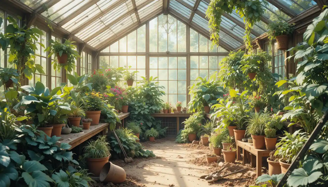 Invernadero victoriano bañado por el sol lleno de exuberantes plantas en macetas