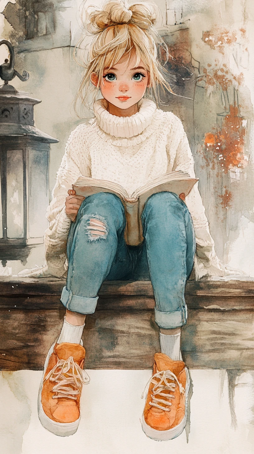 Cozy girl reading on a wooden beam in lantern light