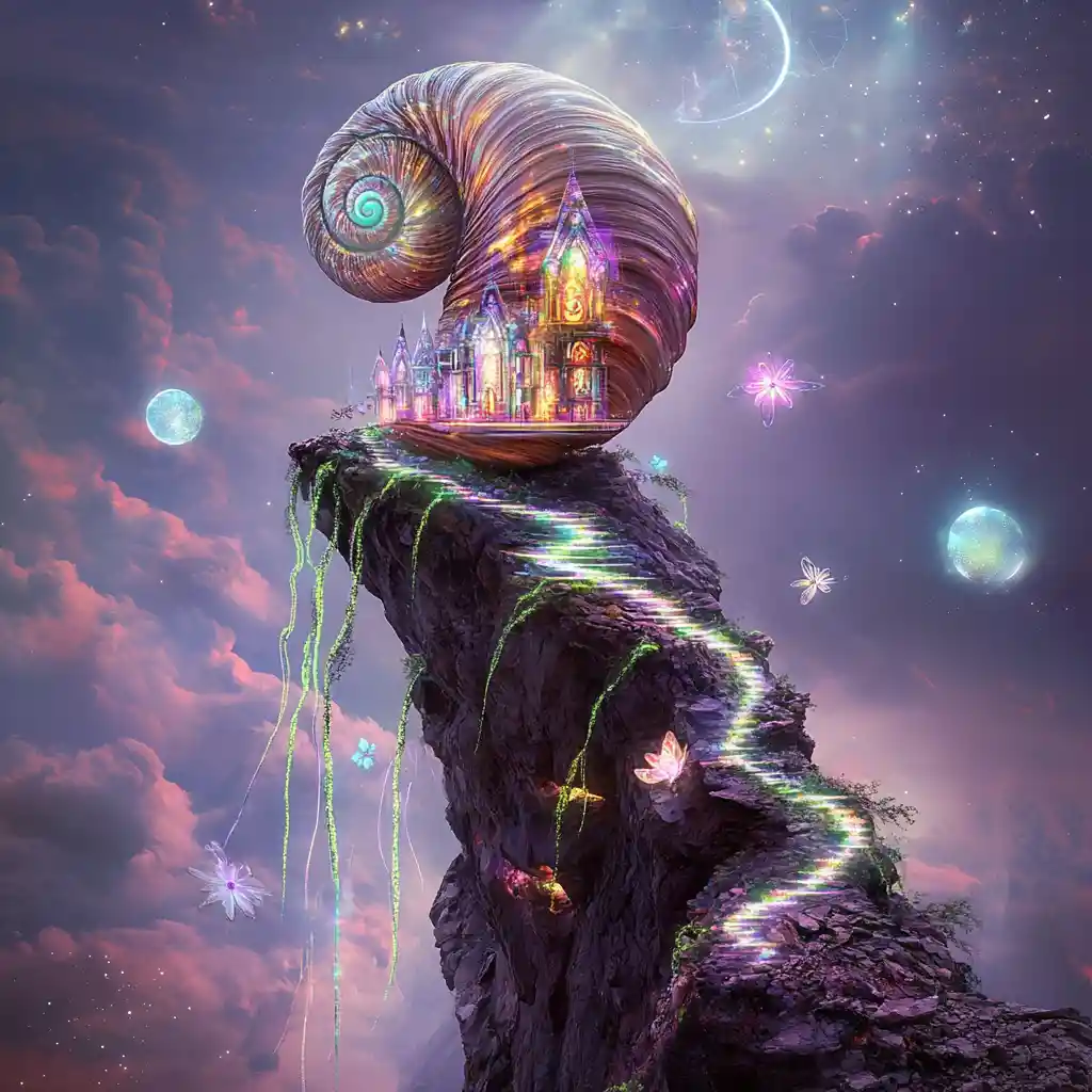 Casa de caracol em espiral brilhante em um penhasco escuro