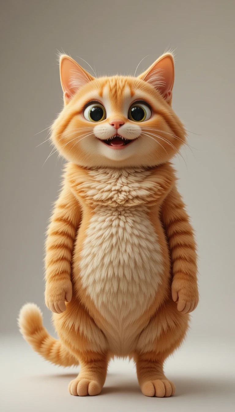 Cute chubby orange tabby cat standing upright with big eyes
