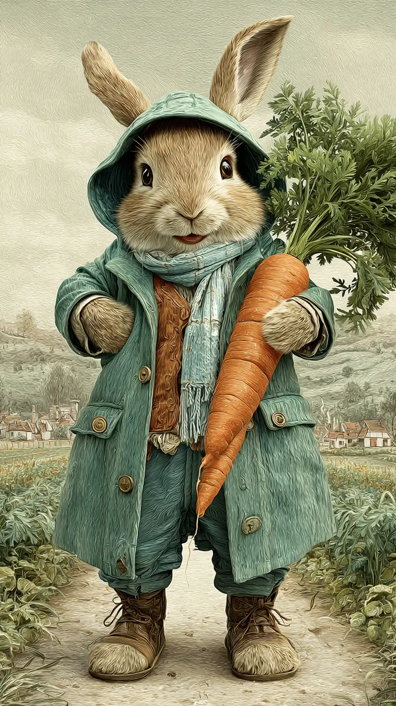 Cheerful Rabbit In Teal Coat Holding A Carrot