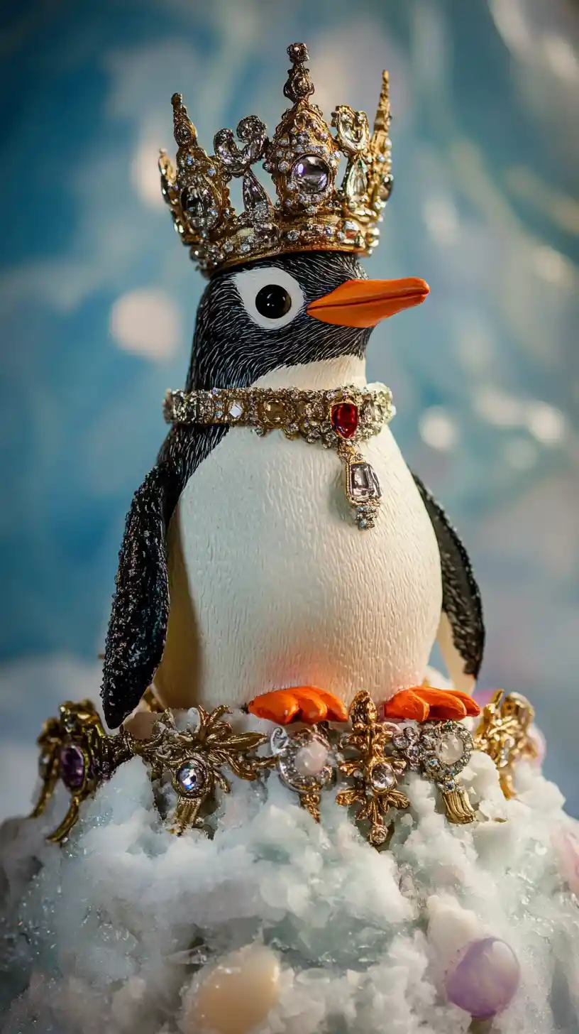 Claymation penguin monarch on a lavish icy throne