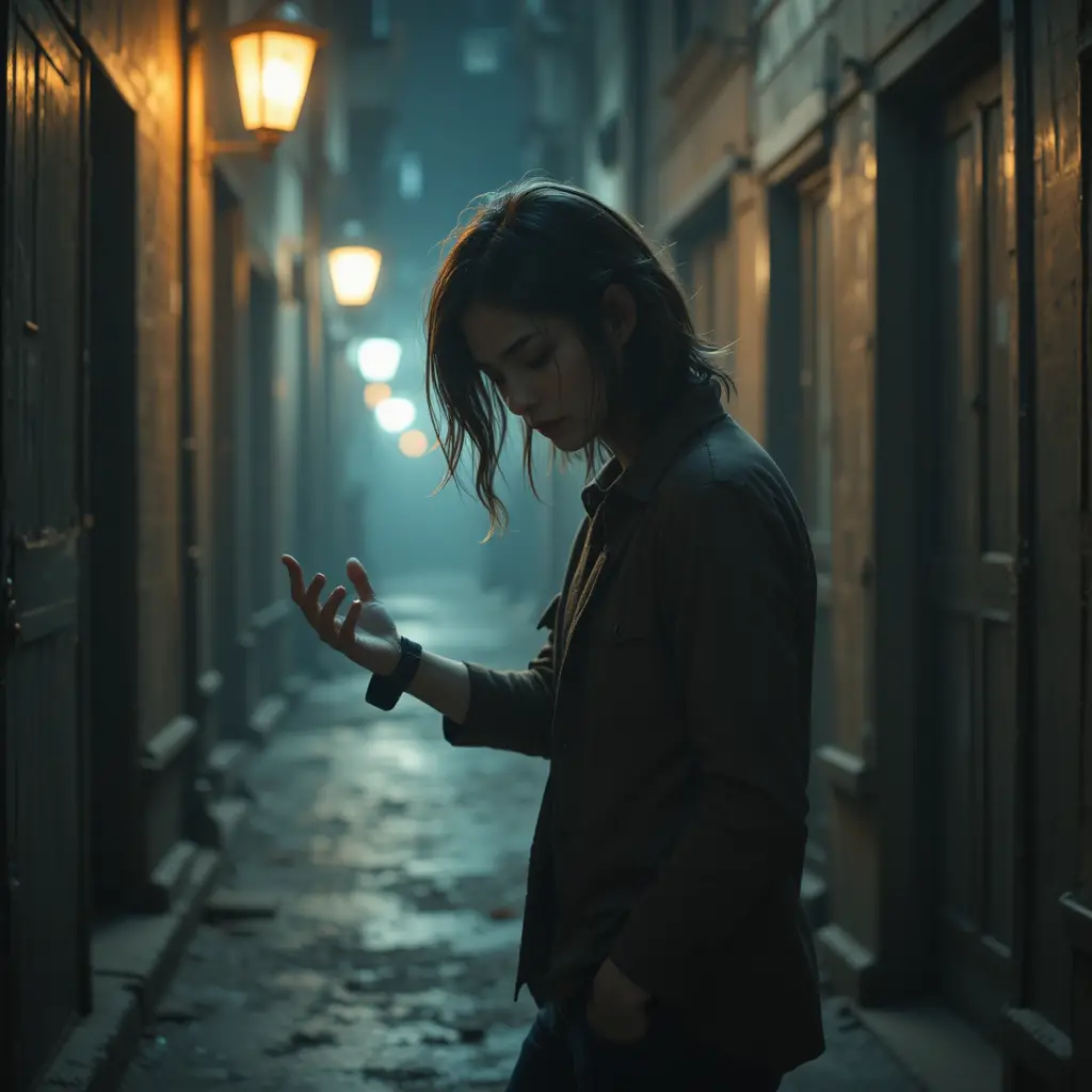 Wistful figure reaching into an empty dimly lit alley
