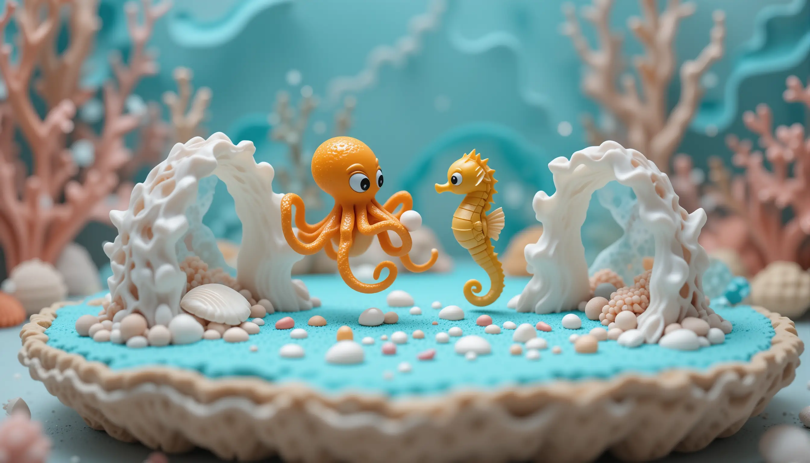 Miniature seabed diorama with cartoon octopus and seahorse