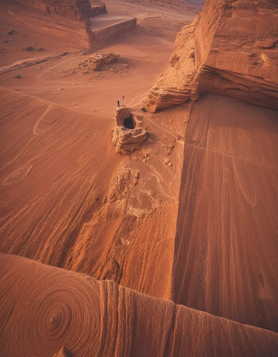 Meditating figure in a vast ancient desert chasma
