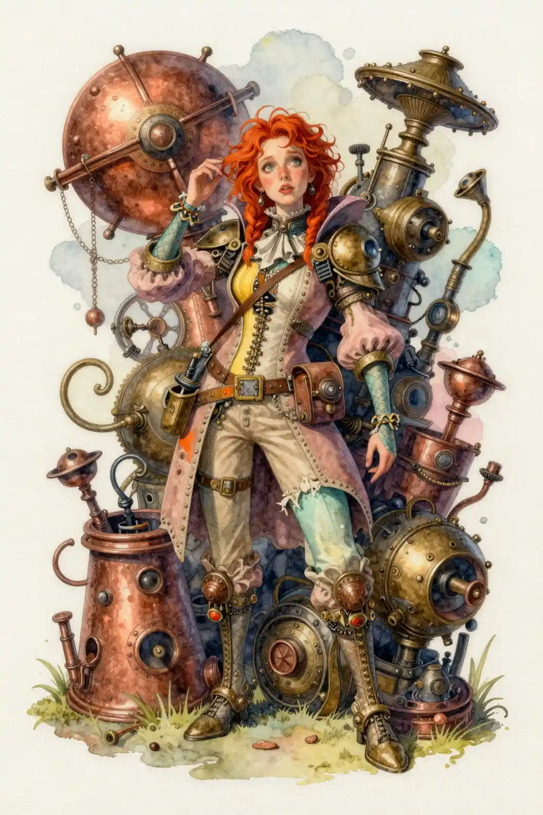 Whimsical steampunk woman in intricate watercolor outfit