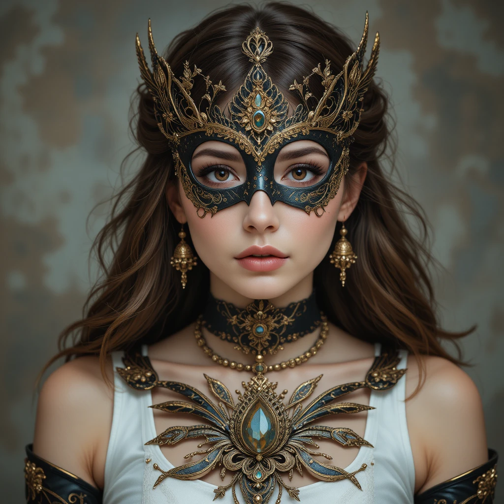 Masked young woman in ornate golden fantasy attire
