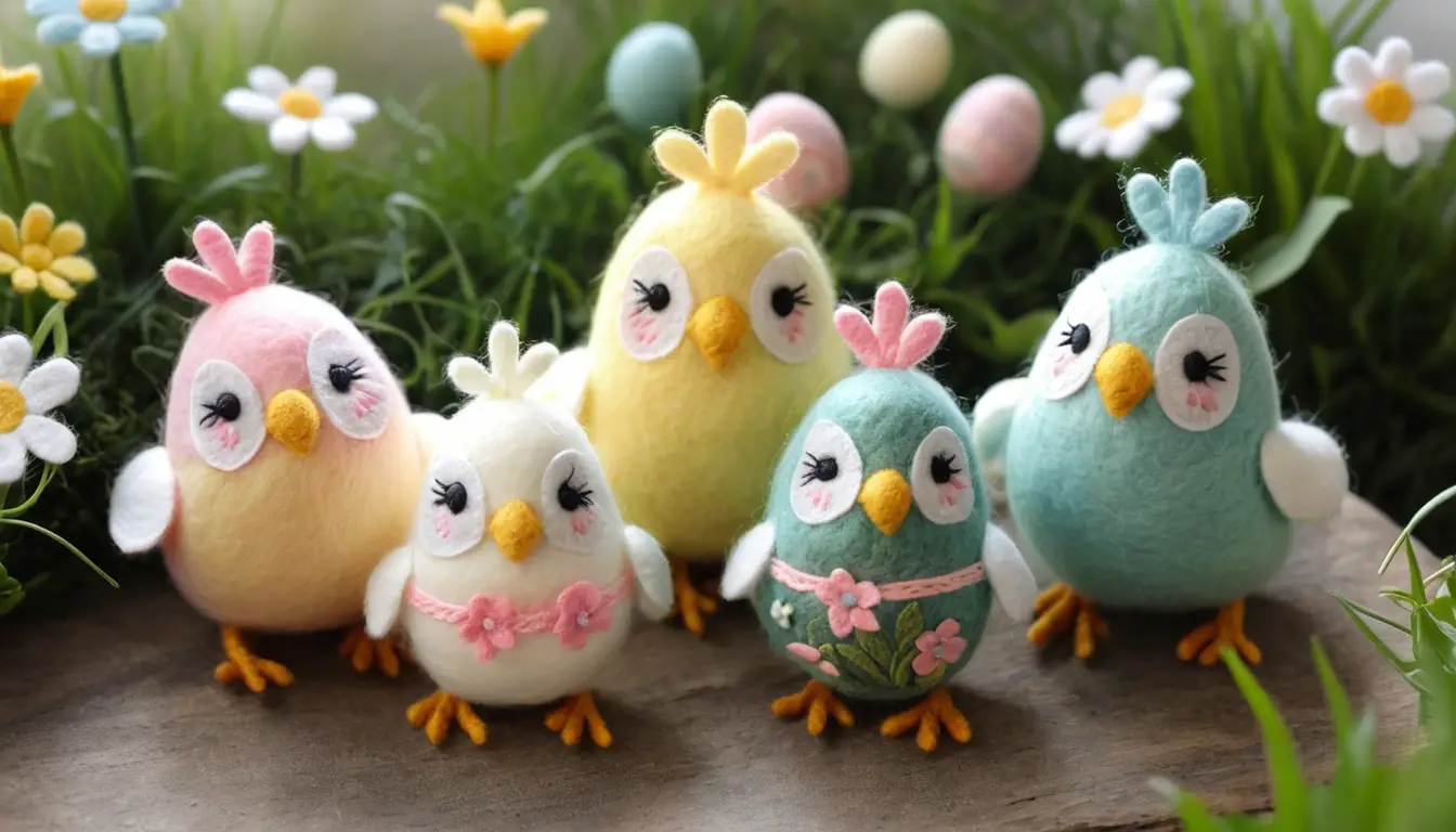 Cute pastel plush chickens in a sunny Easter garden