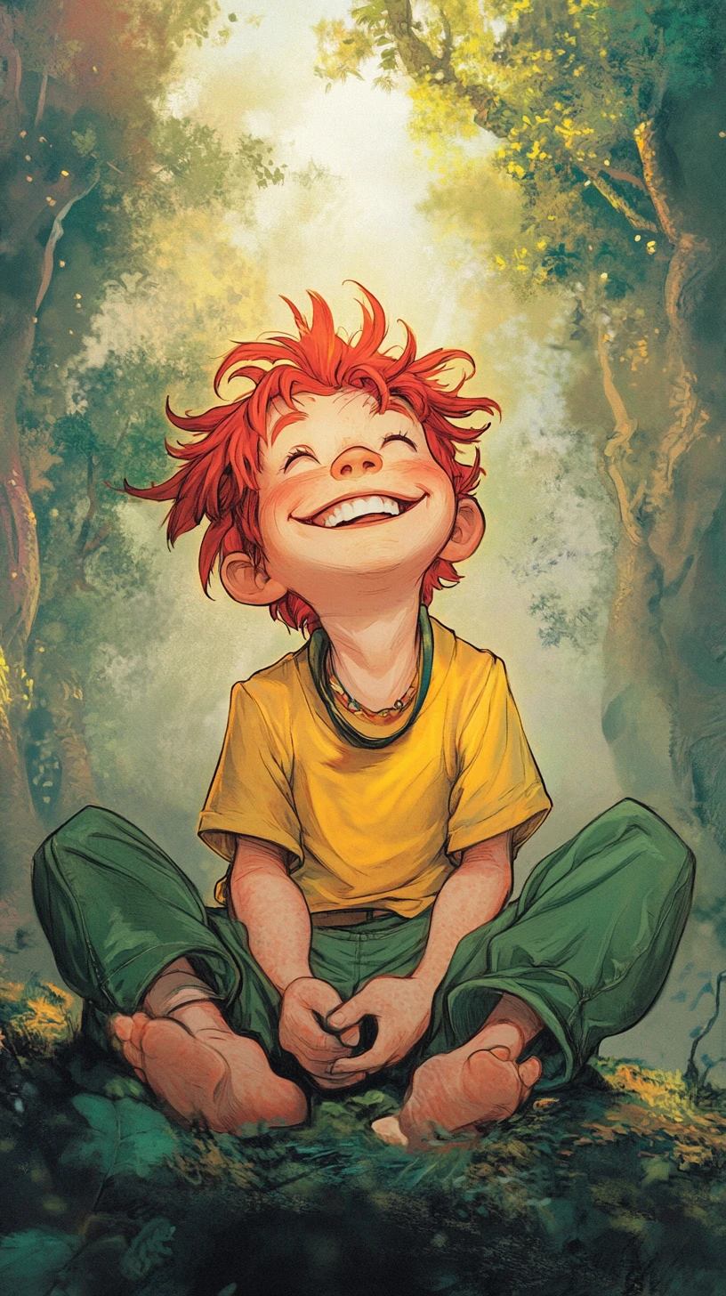 Alegre niño pelirrojo tumbado en una escena de bosque de dibujos animados