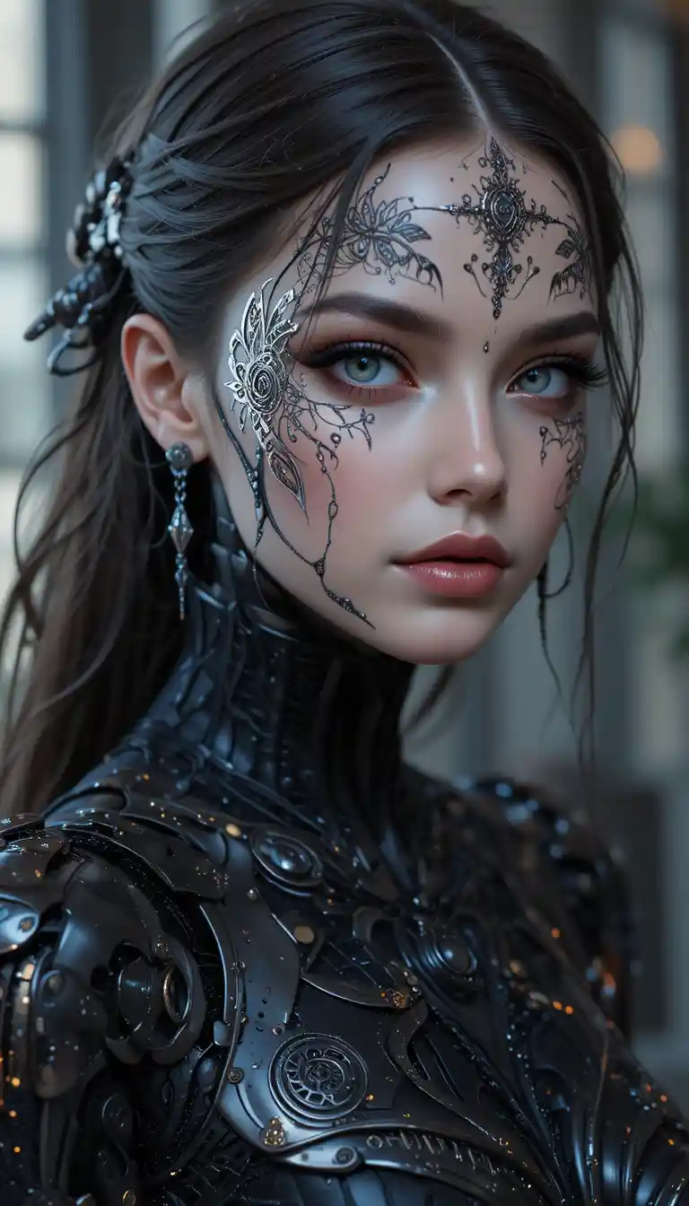 Cyberpunk goddess portrait of a beautifully painted cyborg girl