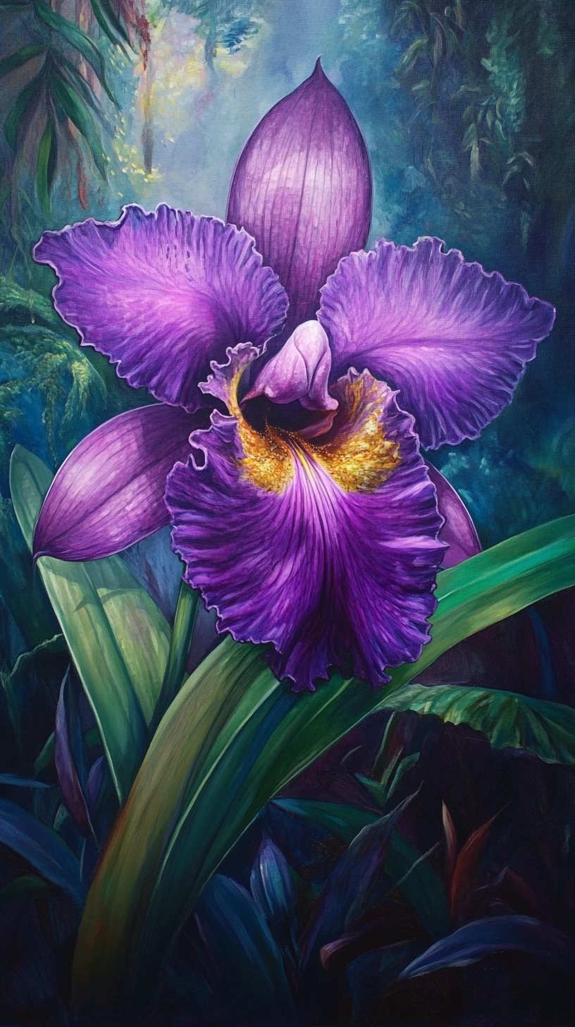 Dipinto di orchidea viola con filigrana dorata in morbida luce naturale