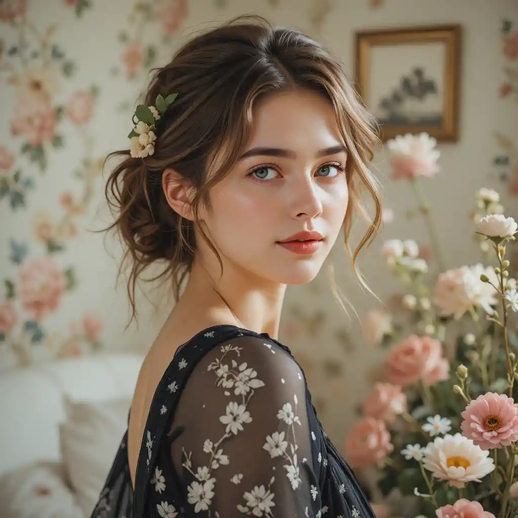 Young freckled woman smiling amid soft romantic flowers