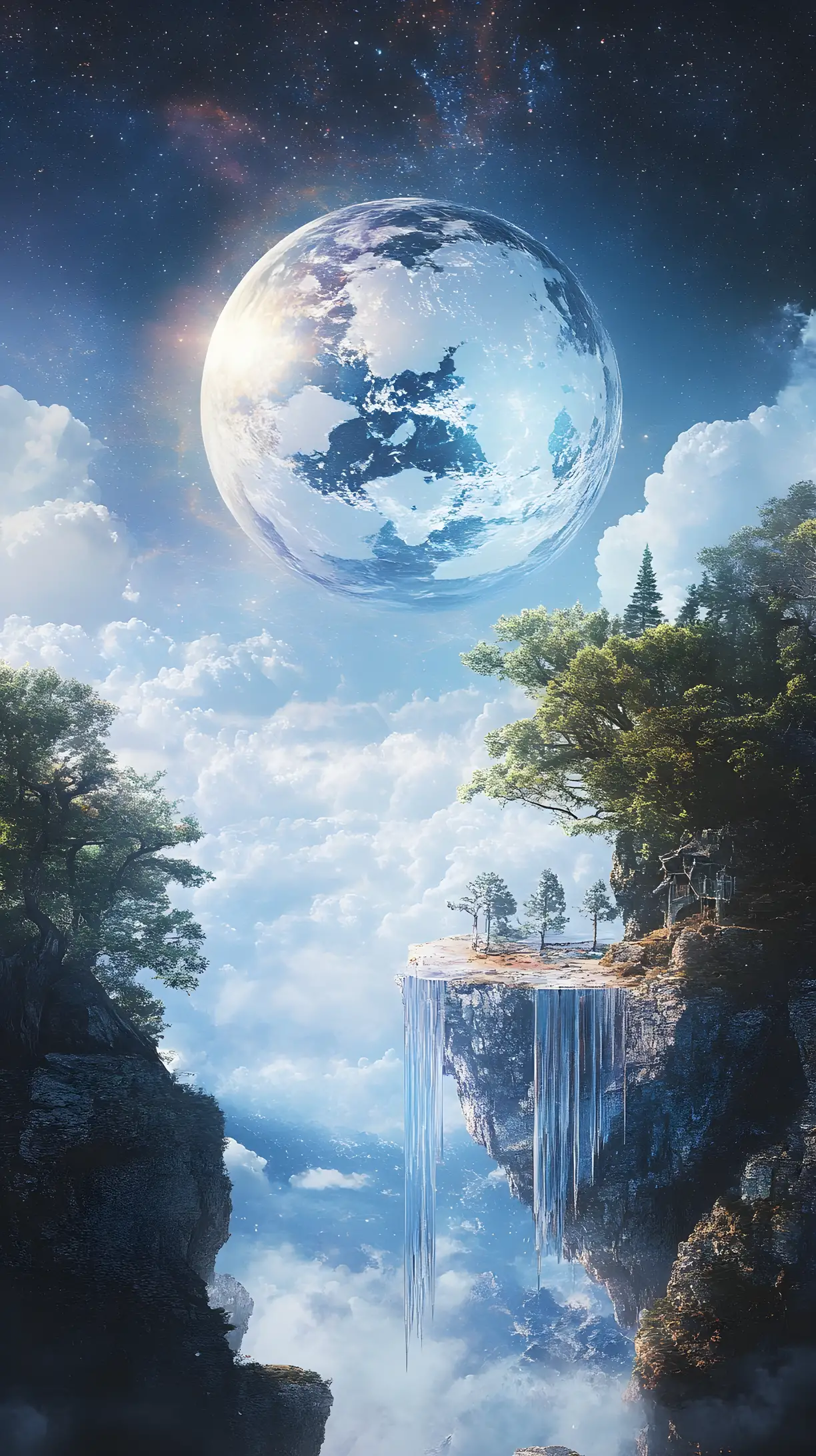 Surreal world with inverted sky and still glowing earth
