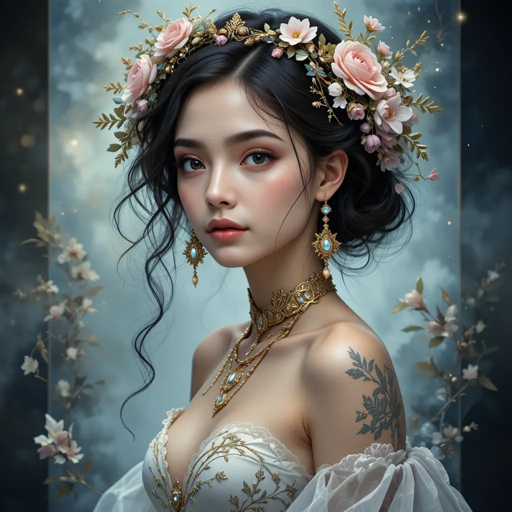 Jeune fille éthérée couronnée de fleurs dans un portrait de fantasy onirique