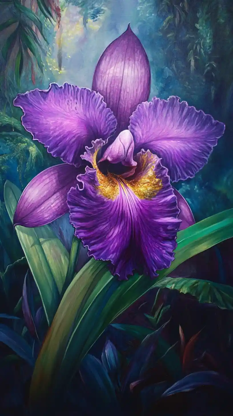 Dipinto di orchidea viola con filigrana dorata in morbida luce naturale