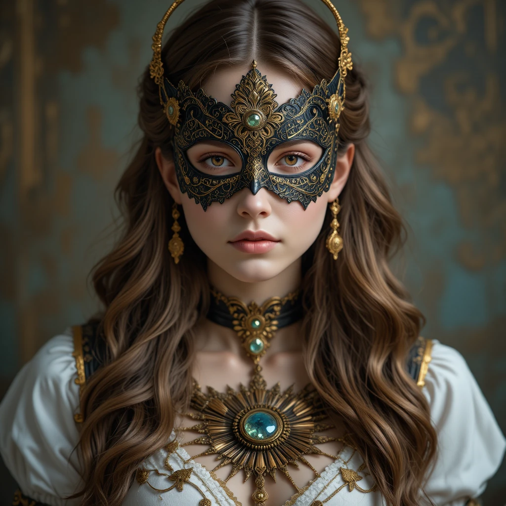 Maskierte Fantasy-Frau in prunkvollem Gold-Filigran-Porträt
