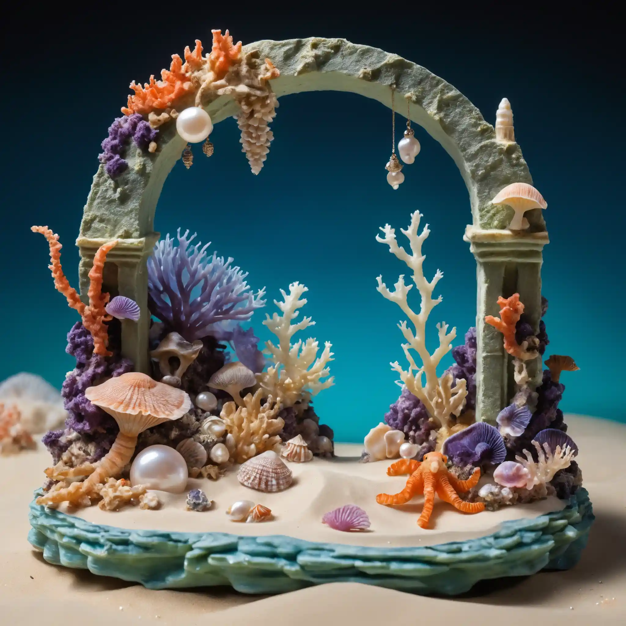 Miniature coral reef with cartoon sea creatures and pearls