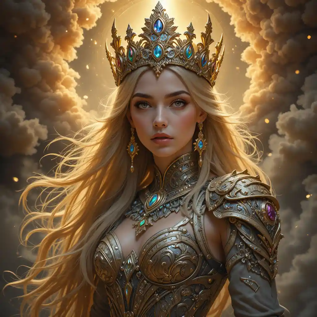 Regal golden haired warrior queen in radiant fantasy armor