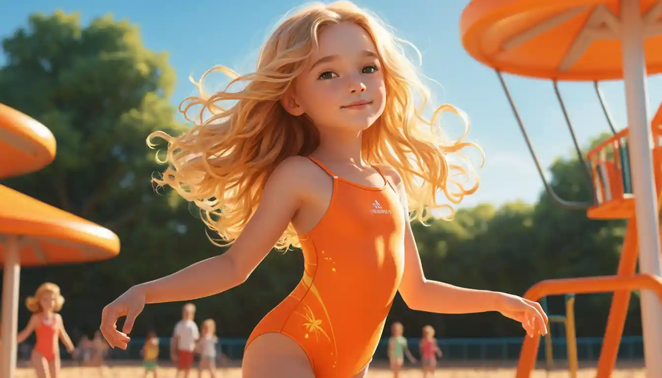 Junges Mädchen im orangefarbenen Badeanzug auf einem sonnigen Spielplatz