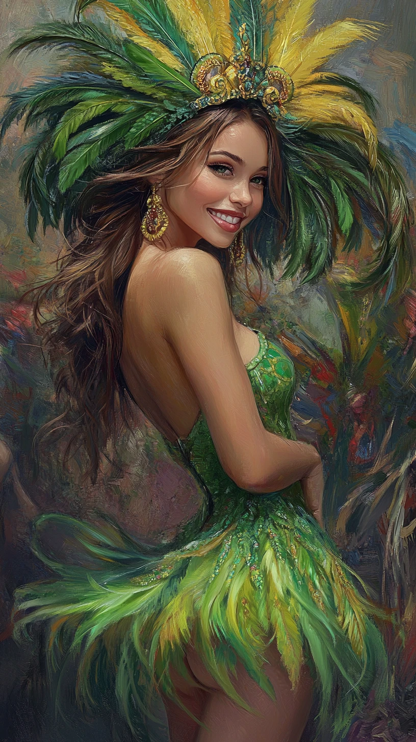 Smiling woman in green carnival dress with feathers