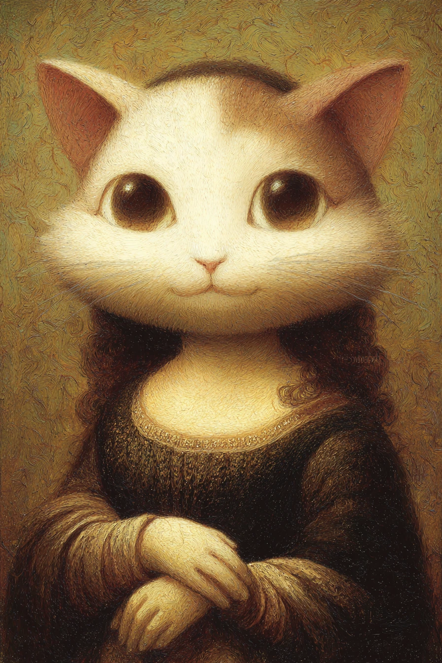 Dolce caricatura di un ritratto in stile Monna Lisa con faccia di gatto