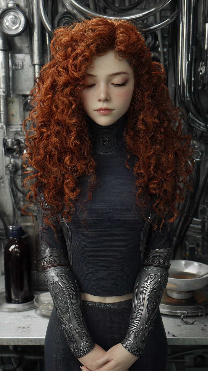 Rothaarige Anime-Frau in einem futuristischen Industrie-Raum