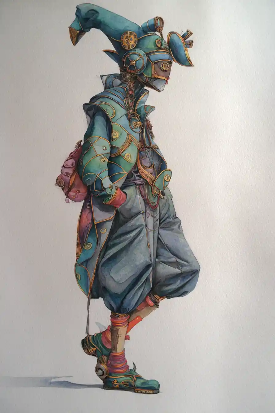 Verspielte Steampunk-Figur in detaillierter Aquarellszene