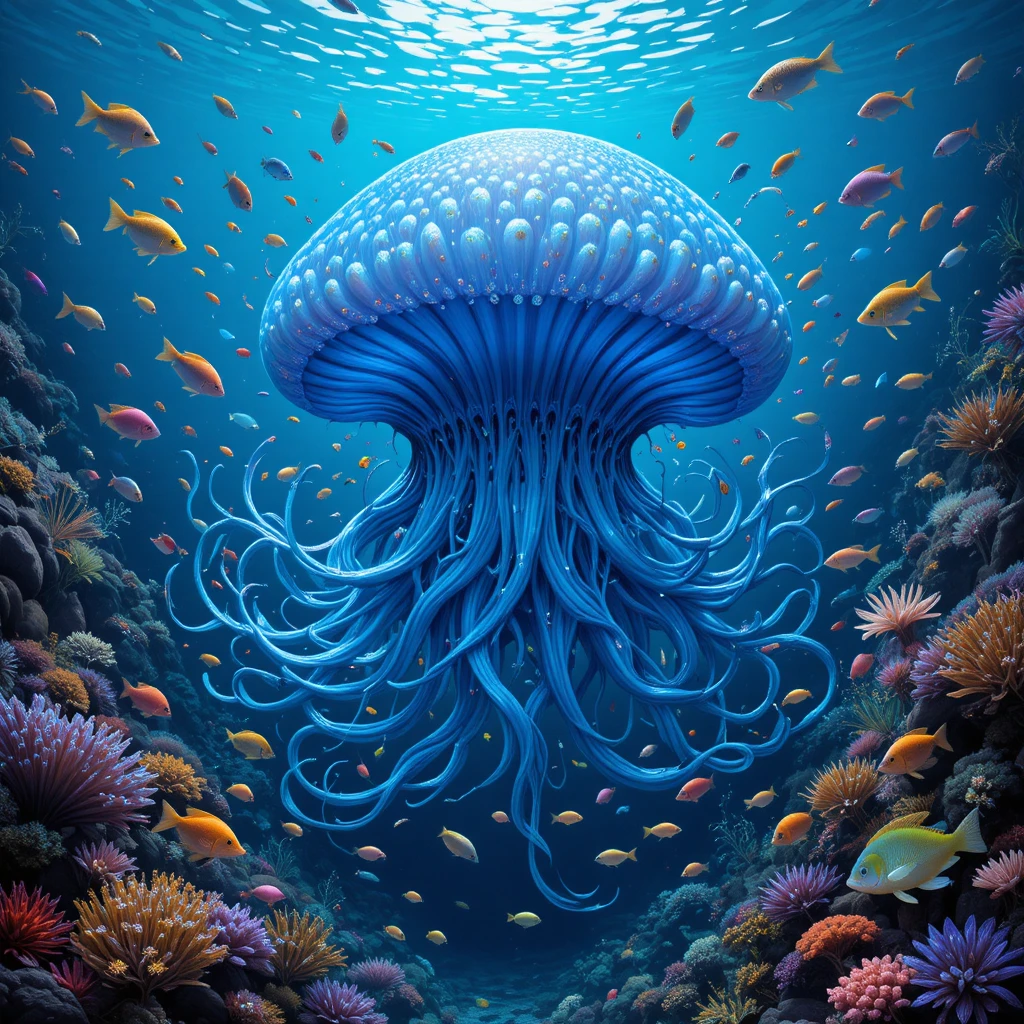 Medusa gigante en un océano azul cristalino con peces de colores