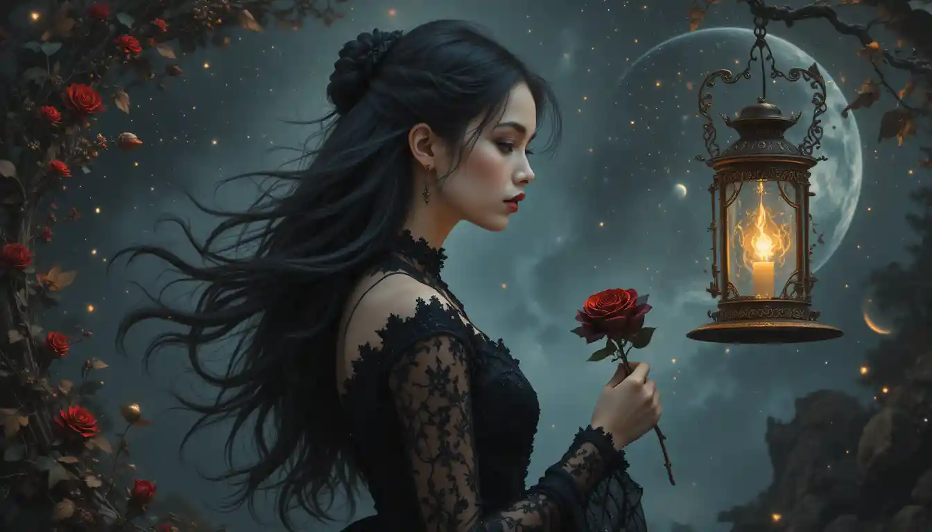 Gothic vampire woman with black rose under a starry sky